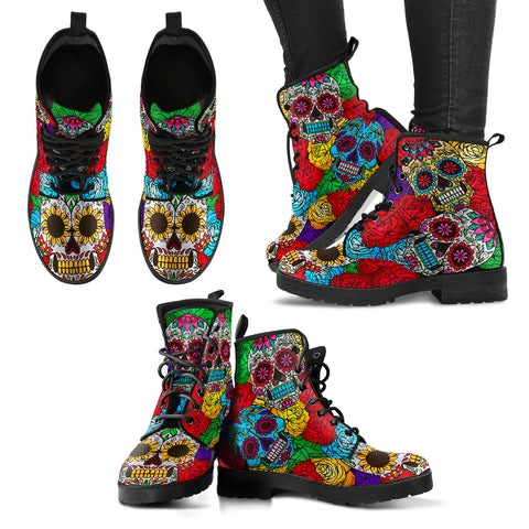 Rainbow Skull Floral Pattern Women's Leather Boots