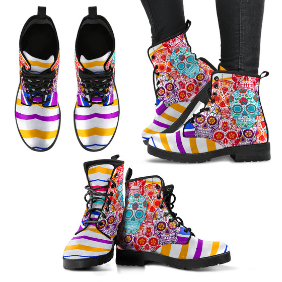 Colorful Skulls With Strips Women's Leather Boots