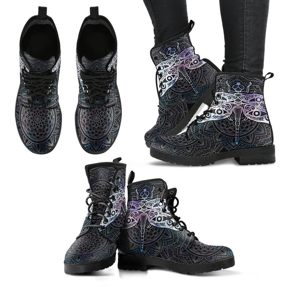 Watercolor Dragonfly Mandala Women's Leather Boots