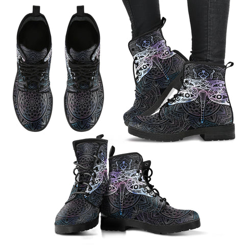 Watercolor Dragonfly Mandala Women's Leather Boots
