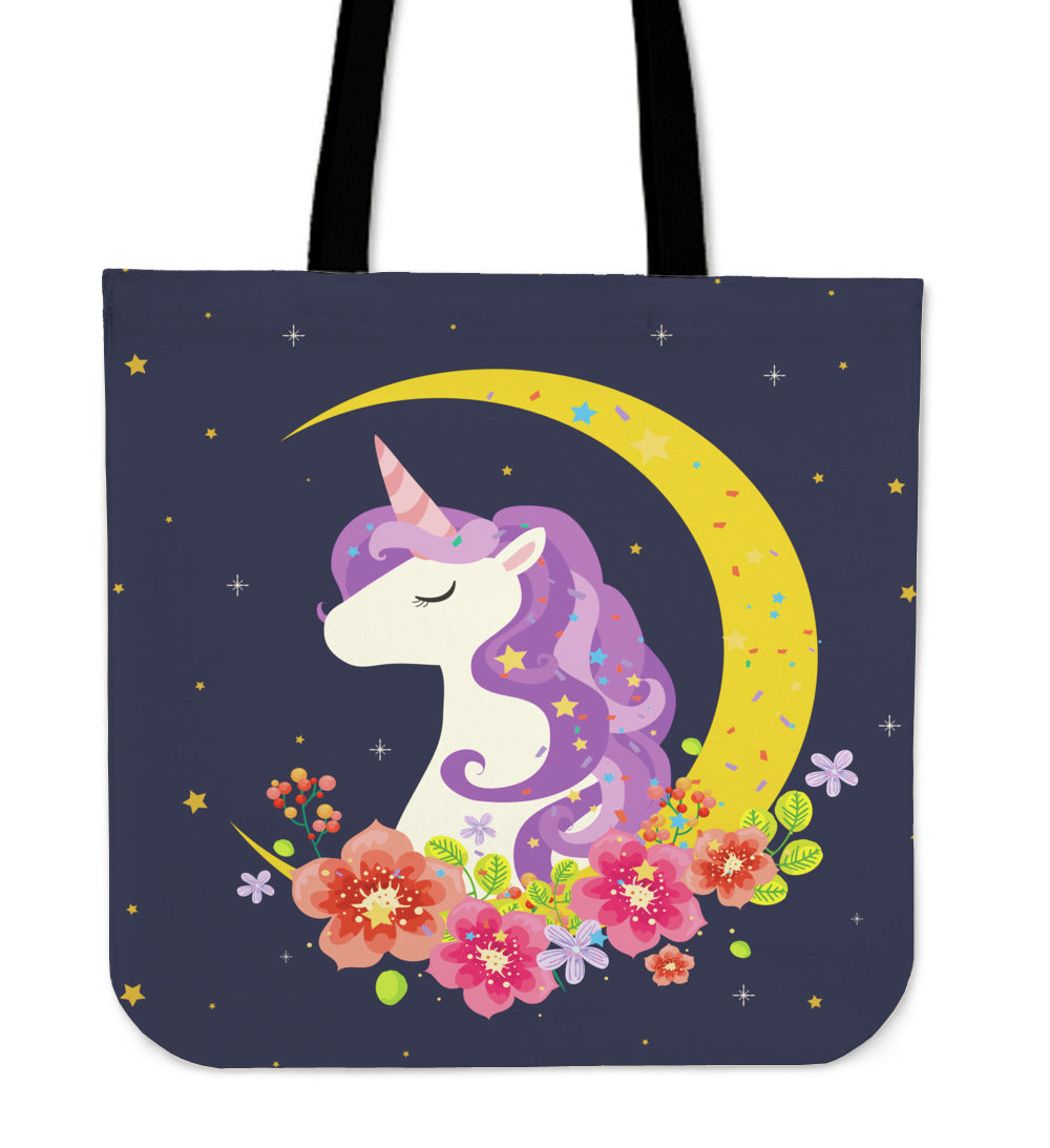 Dark Blue Starry Night Crescent Moon Unicorn Tote Bag