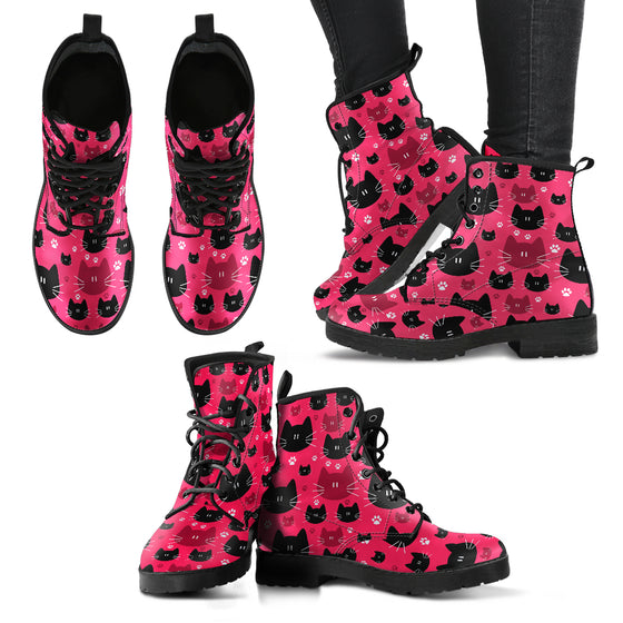 Black & Red Cat Faces Women's Leather Boots
