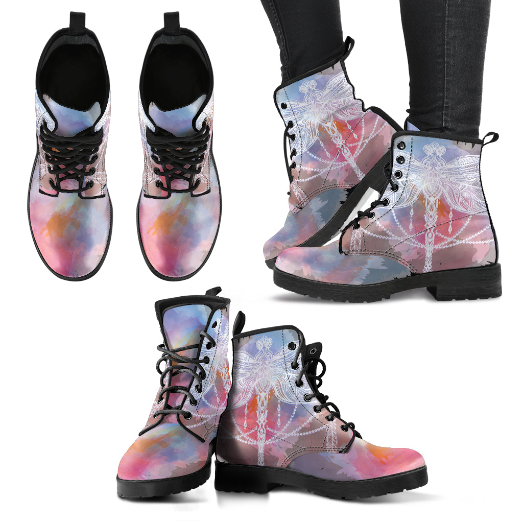 Watercolor Dragonfly Mandala Women's Leather Boots