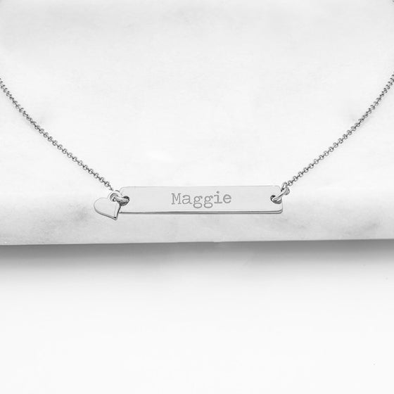 Silver Personalized Bar Necklace with Heart Charm