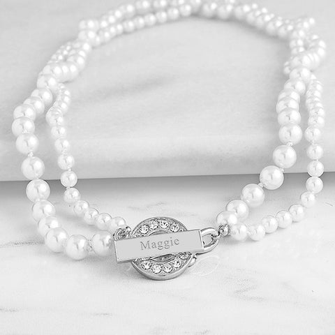 White Personalized Pearl Necklace with Rhinestone Toggle