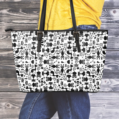 Cats White Large Leather Tote Bag