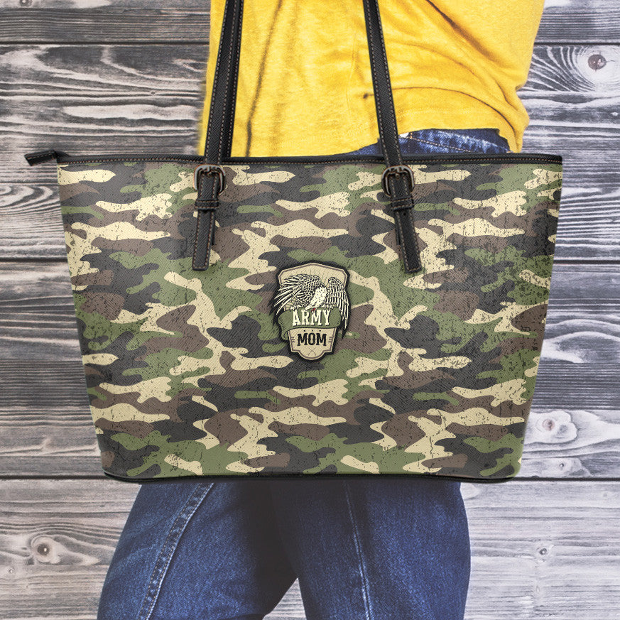 Army Mom Camouflage Large Leather Tote Bag