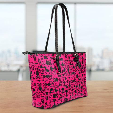 Cats Pink Small Leather Tote Bag