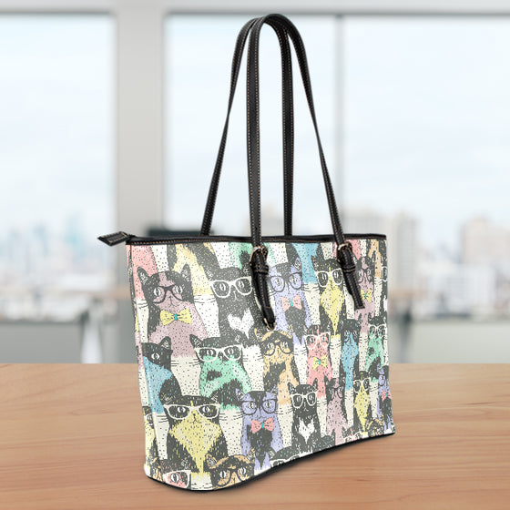 Cat Glasses Small Leather Tote Bag