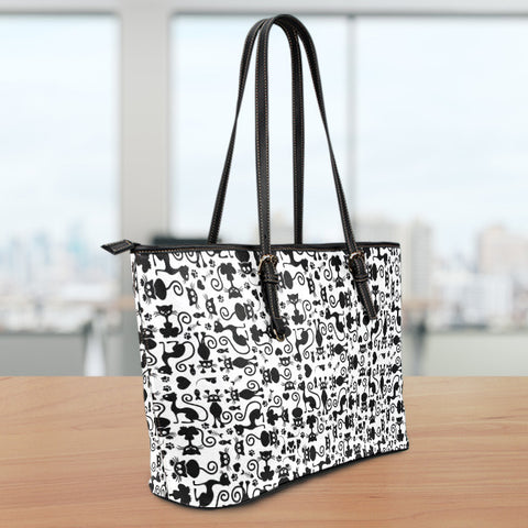 Cats White Small Leather Tote Bag