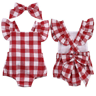 Plaid Bowknot Romper with Headband