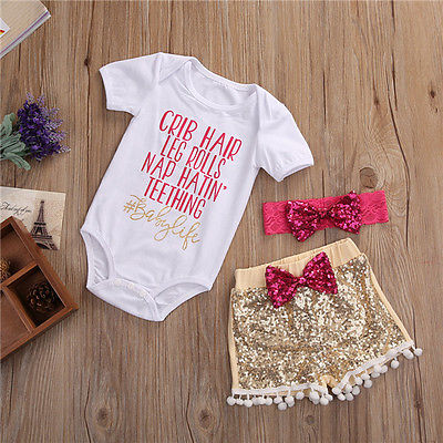 #BabyLife Romper Sequin Shorts Outfit