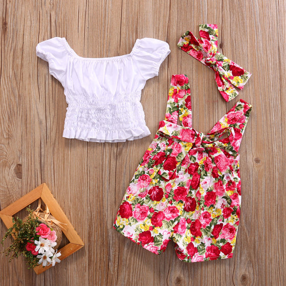 Floral Overall Shorts with Shirt & Headband
