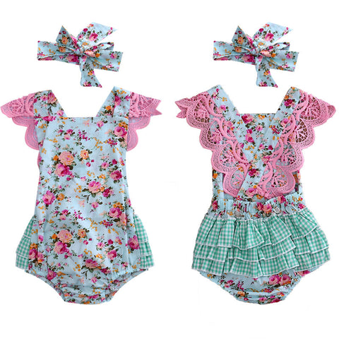 Floral Plaid Ruffled Romper with Headband