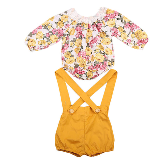 Floral Long-Sleeve Romper with Overalls