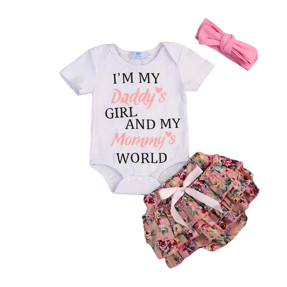 Baby Girls Onesie + Floral Shorts +Headband Outfit