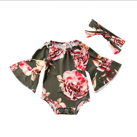 Fall Rose Flare Sleeve Romper with Headband